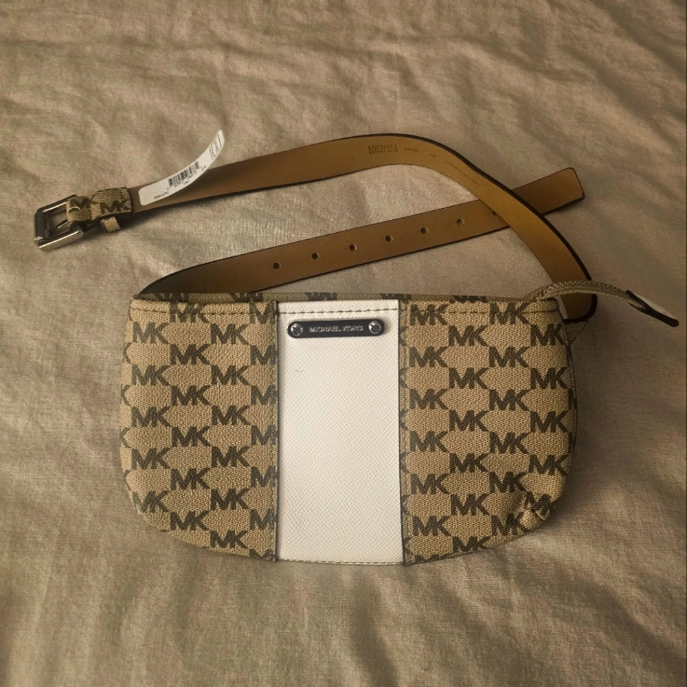 Michael Kors Women’s Belt  Fanny Pack MK Signature Logo BROWN/BEIGE/WHITE- S/M